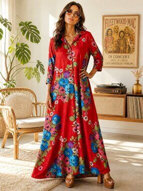 Vintage Lorraine Red Bright Floral House Dress L